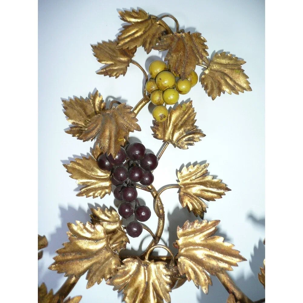 Vtg 2 Candle Sconce Italian Style Gold Grape Vine Gilt Metal Toleware Wall MCM